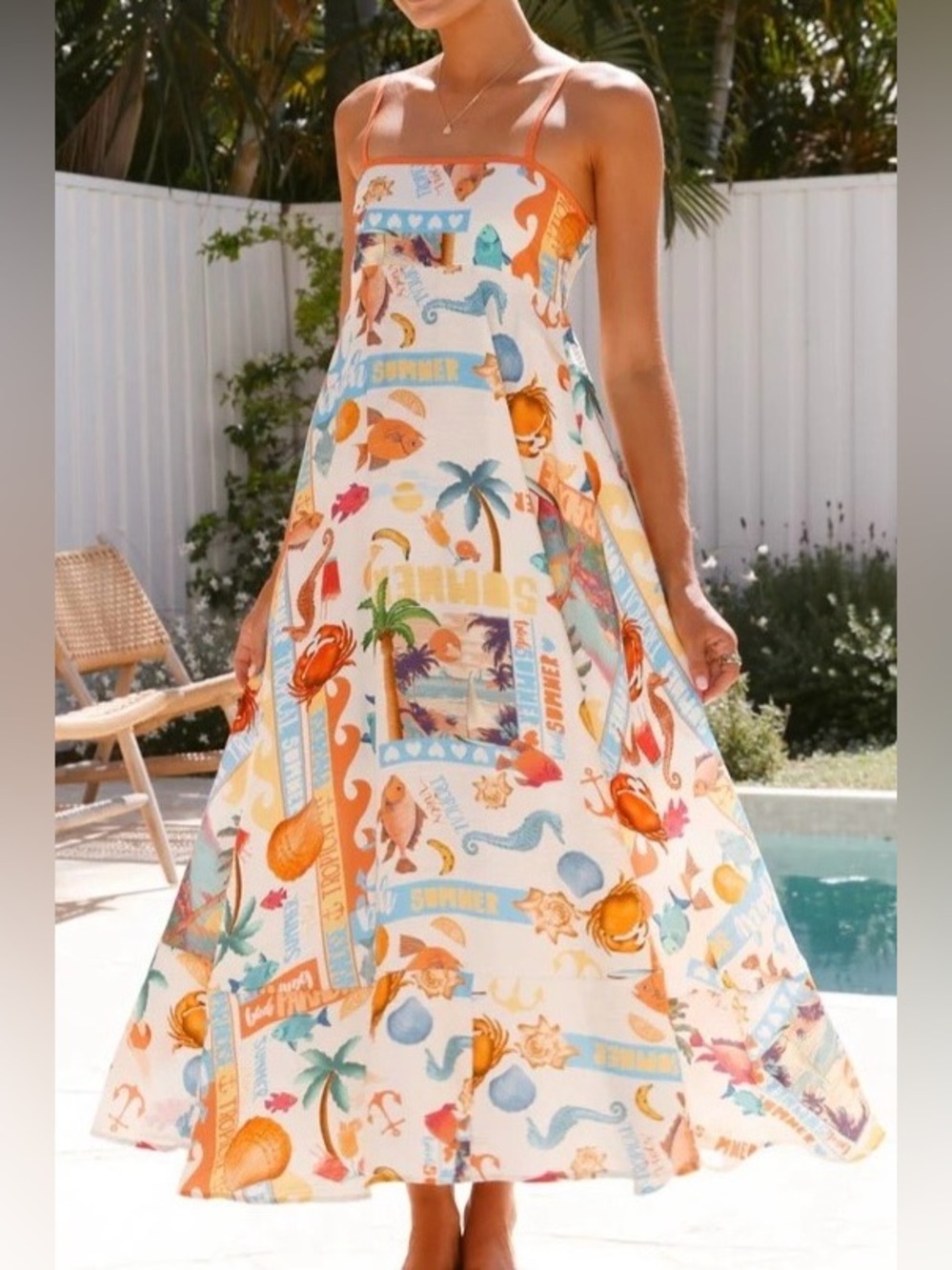 Rosa Clothing Orange Tropical/
Seashell/ Islands Print  Maxi Sundress size L NWT
